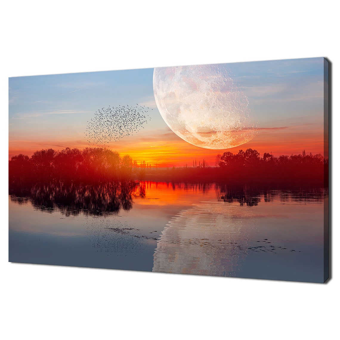 Full Moon Rising Over Lake Sunset Birds Reflection Nature Wall Art
