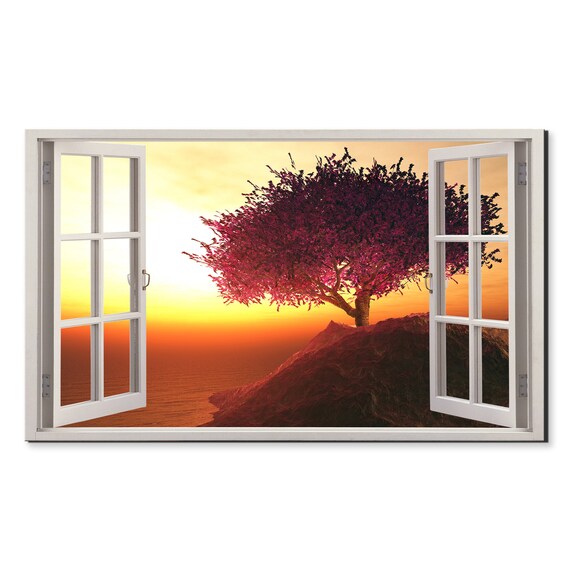 Cherry Tree On The Rock At Sunset Window View Window Frame Style Modern Design Home Decor Print Wall Art Picture Ready To Hang