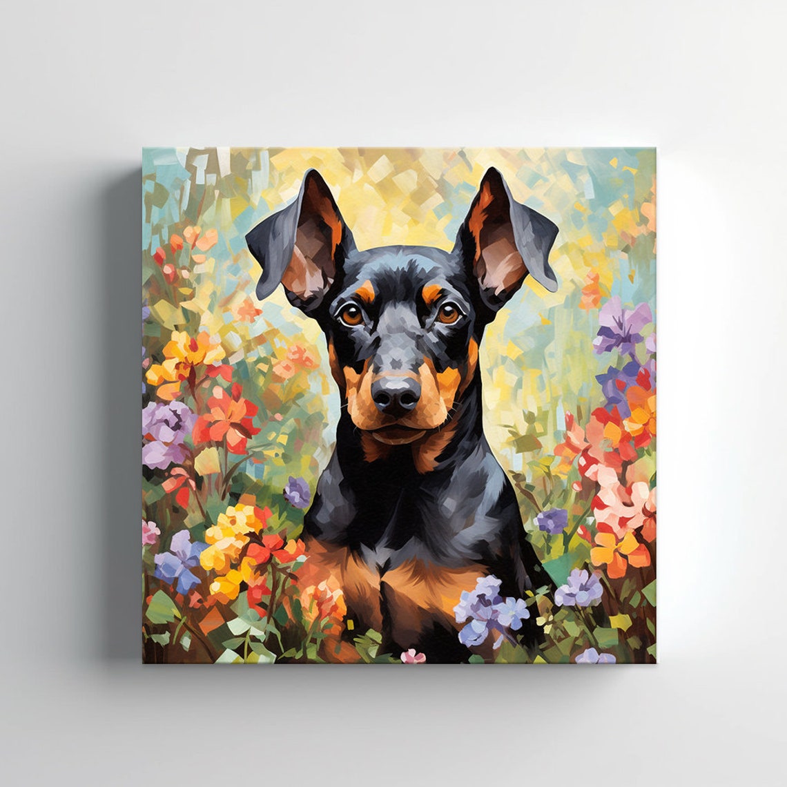 Sweet Doberman Puppy Among Colorful Flowers Portrait Wall Print - Image 3