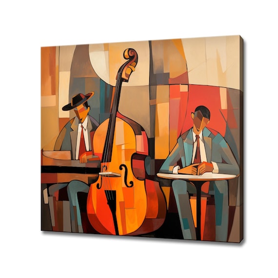 Double Bass Jazz Musicians Cubist Abstract Orange Red Music Art Poster