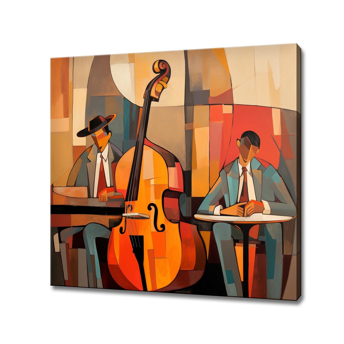 Double Bass Jazz Musicians Cubist Abstract Orange Red Music Art Poster