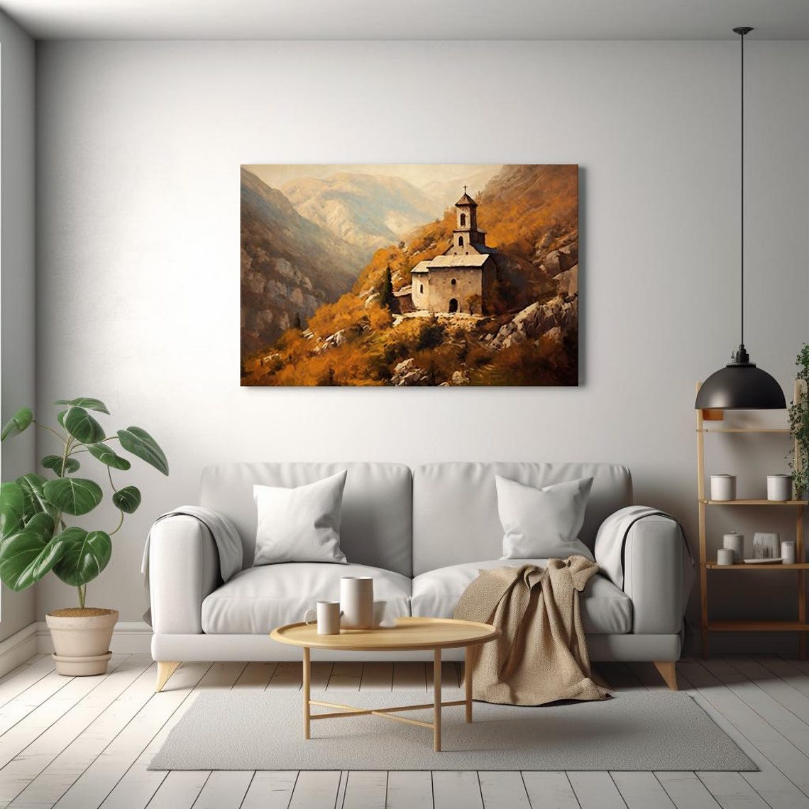 Mountain Church Autumn Hillside Stone Chapel Vintage Landscape Poster - Image 2