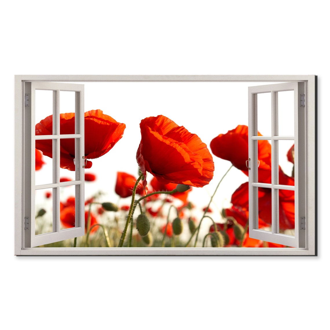 Red Poppies Field Open Window View Bright Floral Spring Wall Poster