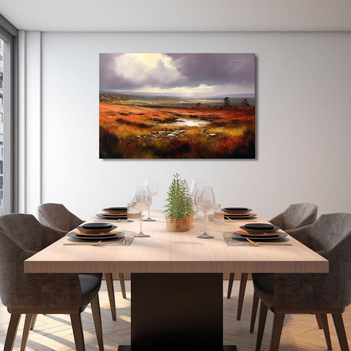 Dark Moody Red Moorland Stormy Clouds Stream Vintage Landscape Poster - Image 2