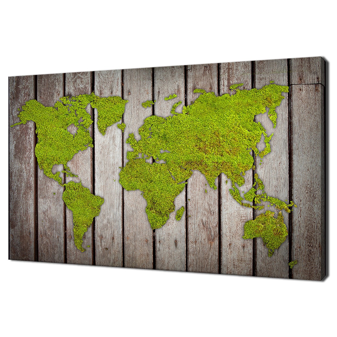 Green Moss World Map on Weathered Wood Planks Rustic Travel Poster