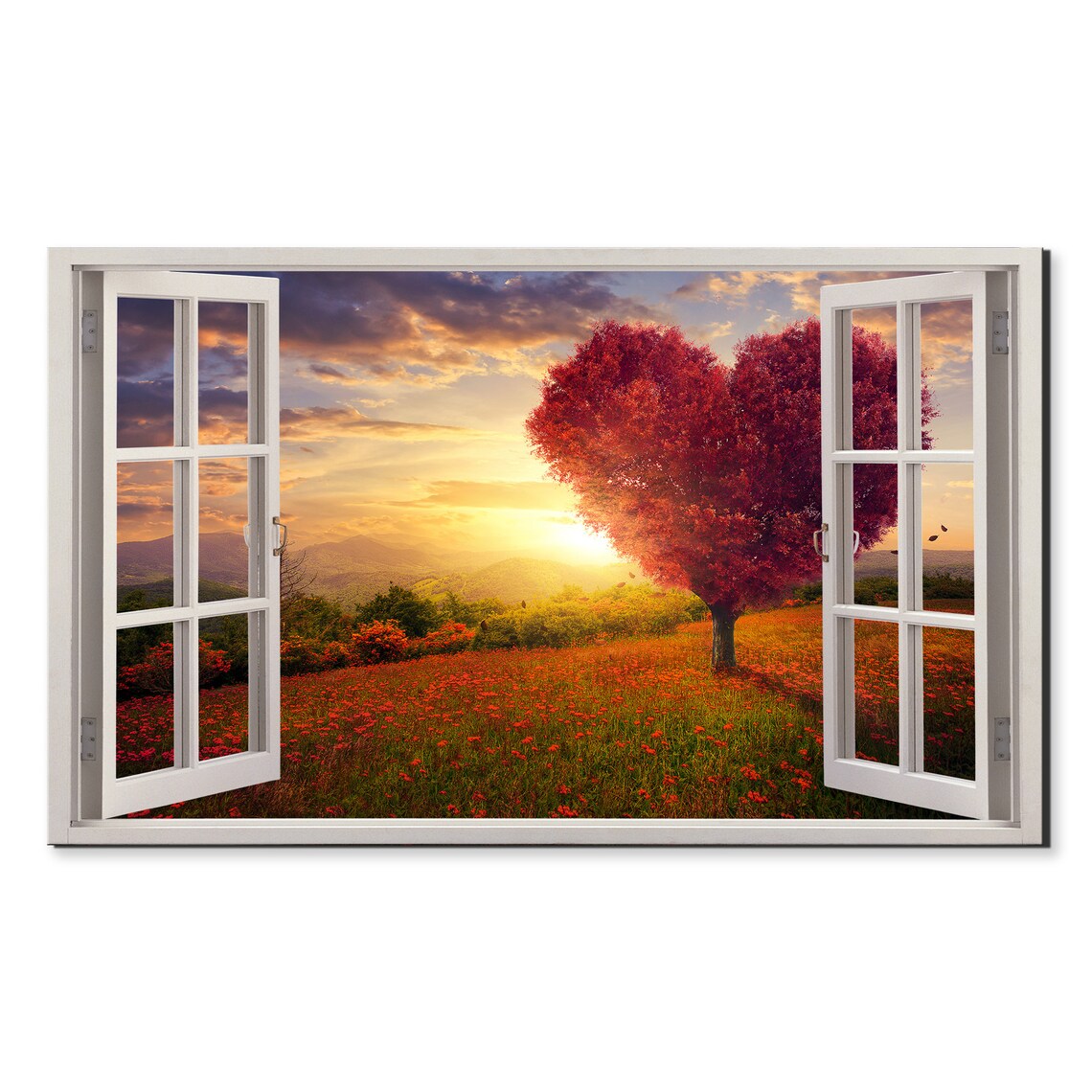 Sunset Over Red Heart Shaped Tree Window View Window Frame Style Modern Design Home Decor Print Wall Art Picture Ready To Hang