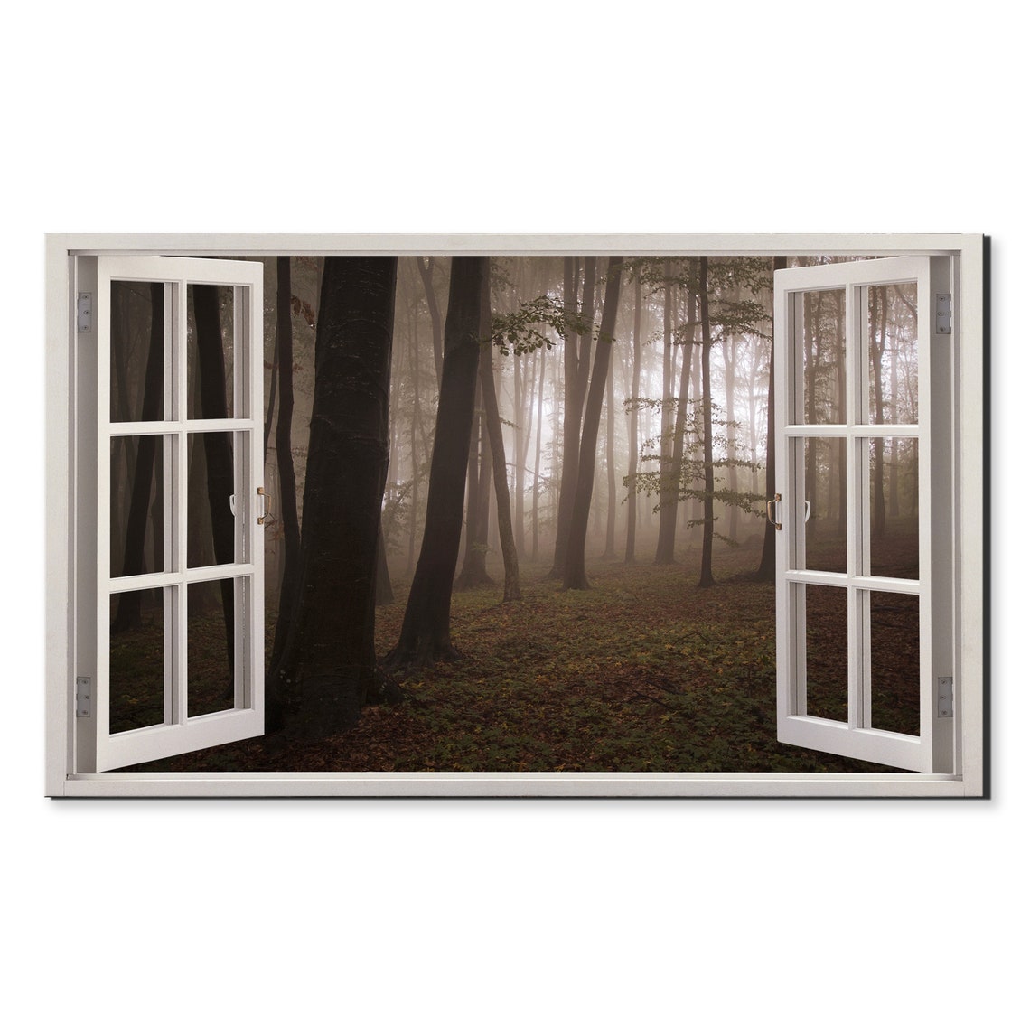 Misty Brown Forest Tall Trees Fog Window View Nature Art Poster
