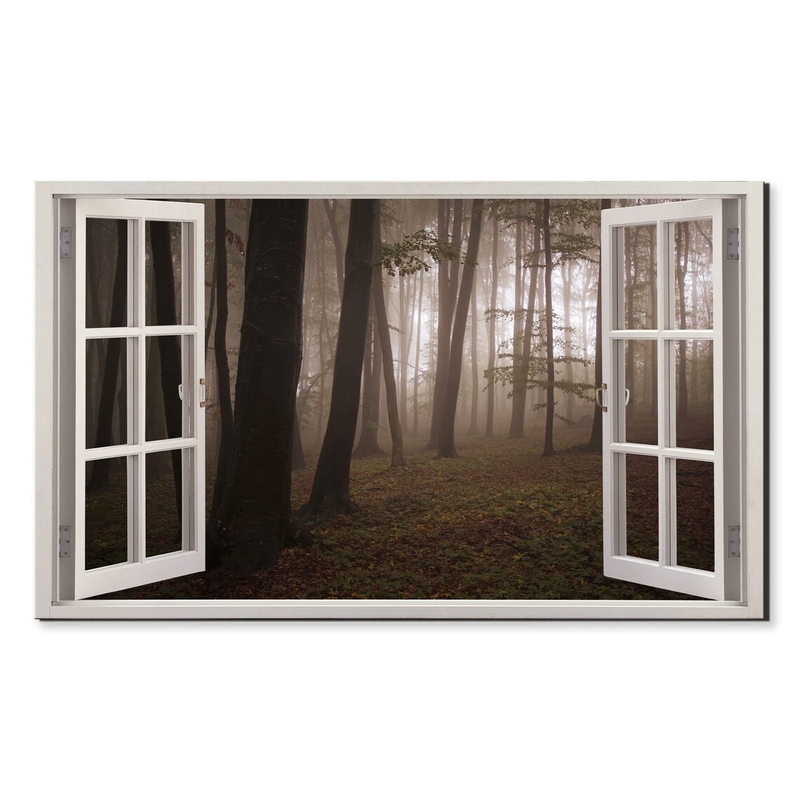 Misty Brown Forest Trees Window View Window Frame Style Modern Design Home Decor Print Wall Art Picture Ready To Hang