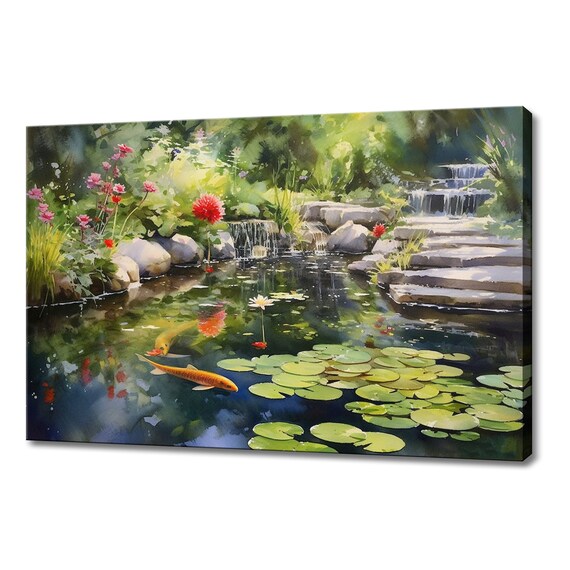 Koi Fish In The Pond Tranquil Painting Style Print Farmhouse Decor Art Neutral Nature Picture Wall Hanging Fine Art Vintage