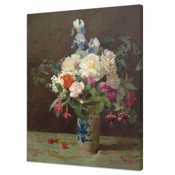 Vase Of Colourful Wild Garden Flowers Antique Victorian Floral Fine Art Vintage Moody Oil Painting Print Still Life With Flowers