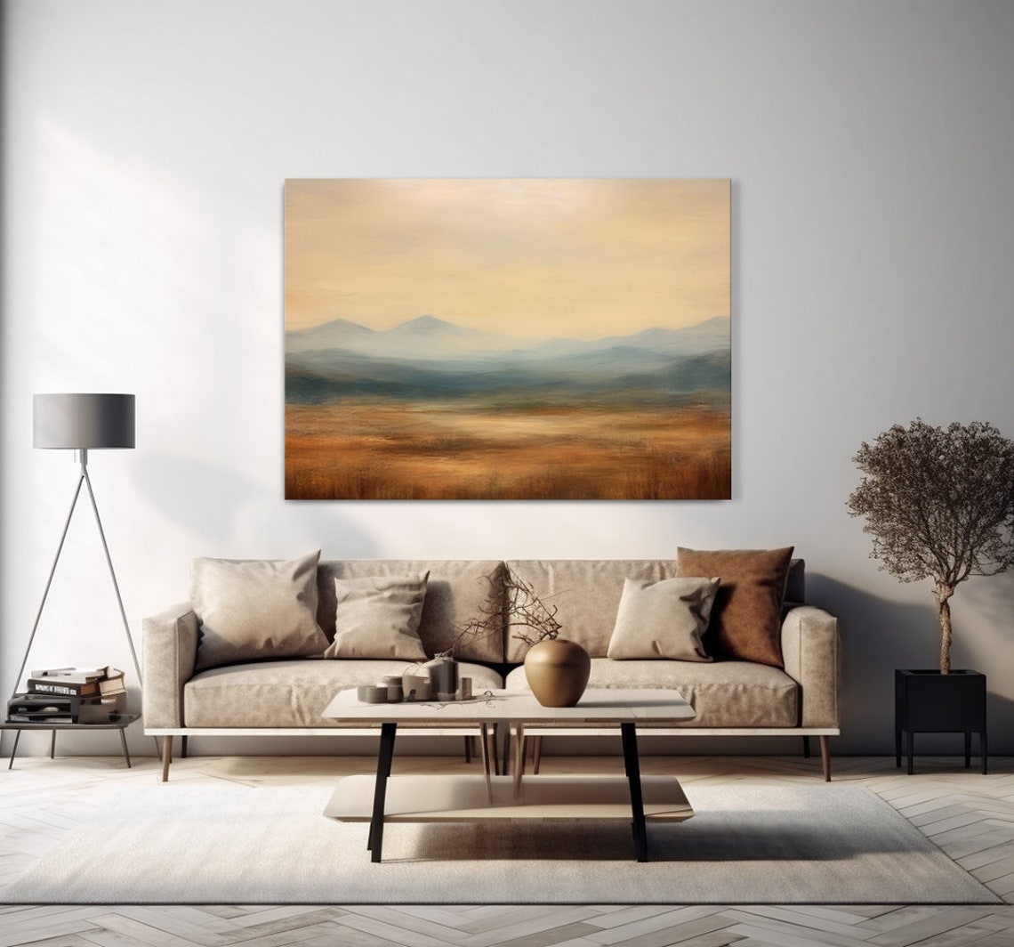 Vintage Country Grass Field Foggy Mountains Landscape Muted Moody Painting Style Print Farmhouse Decor Art Neutral Nature Picture - Image 4