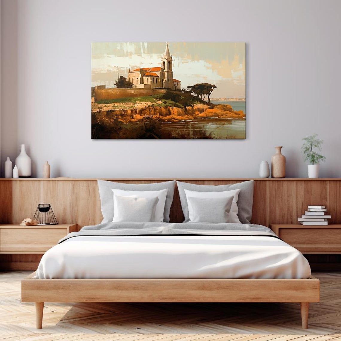 Coastal Church On Cliff Warm Sunset Riverside Village Church Poster - Image 3