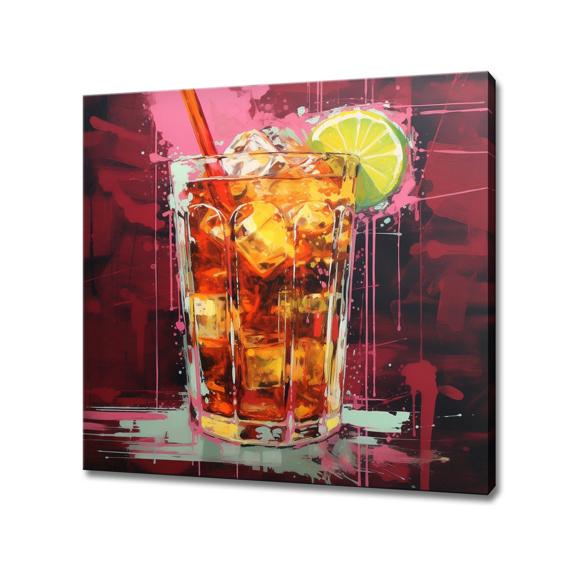 Amber Iced Cocktail Lime Wedge Pink Splatter Pop Bar Art Print