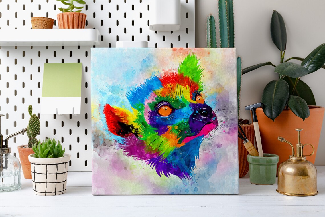 Colorful Lemur Monkey Portrait Rainbow Watercolor Splash Animal Art Print - Image 2