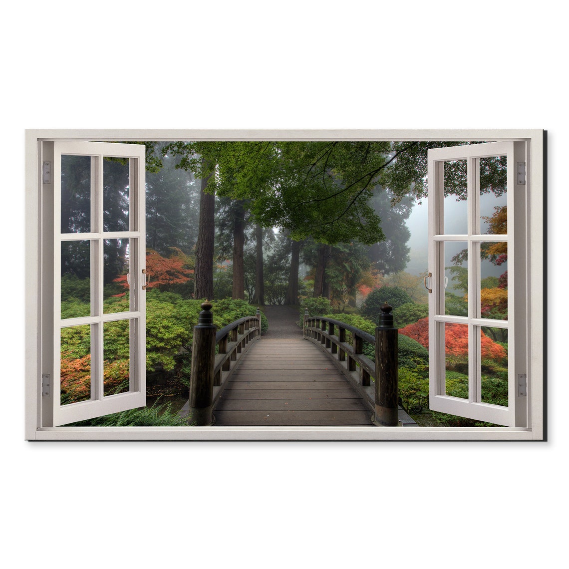 Open Window View Wooden Bridge In Misty Japanese Autumn Garden Poster