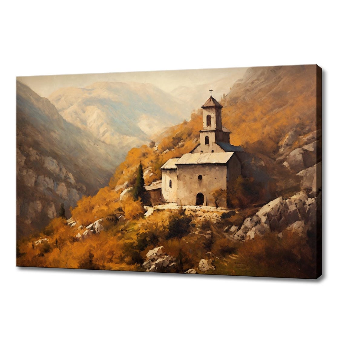 Mountain Church Autumn Hillside Stone Chapel Vintage Landscape Poster