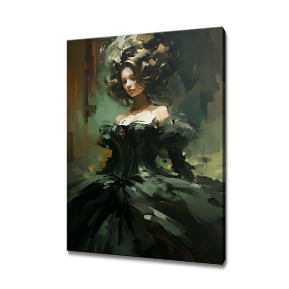 Elegant Lady In Green Victorian Baroque Puffy Dress Painting Style Print Gift For Her Modern Design Home Decor Fashion Wall Art