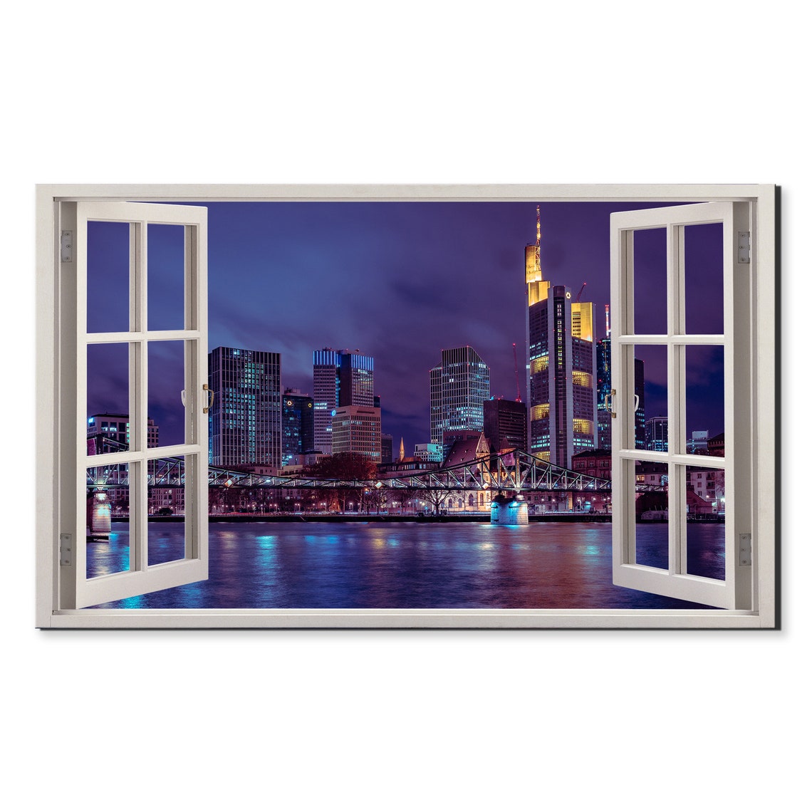 Frankfurt Germany Night Skyline Purple Sky Open Window View Poster