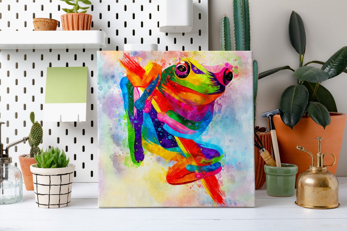 Tree Frog Rainbow Watercolor Abstract Climbing Pose Splash Poster - Image 2