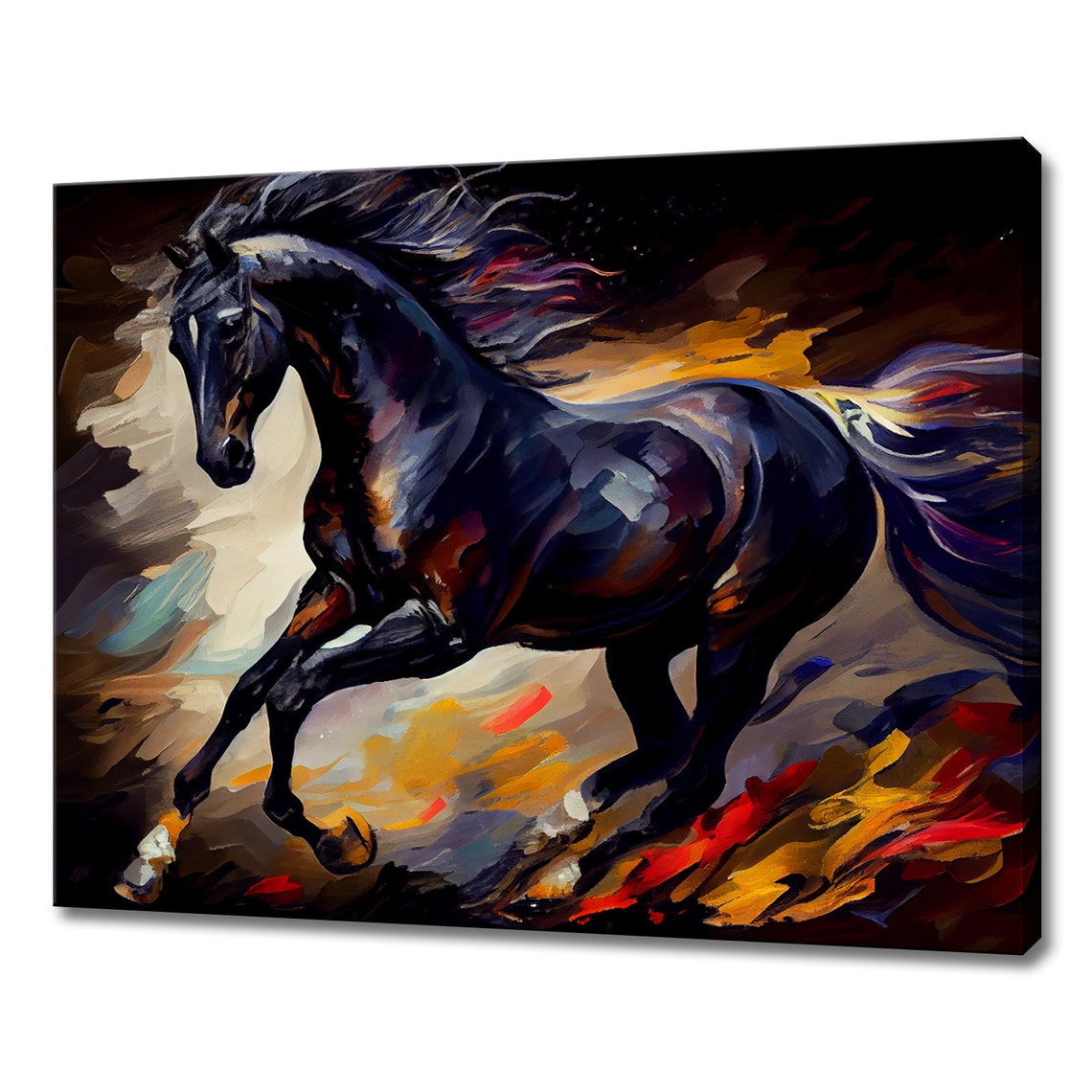 Black Horse Galloping At Night Colorful Abstract Equestrian Art Print
