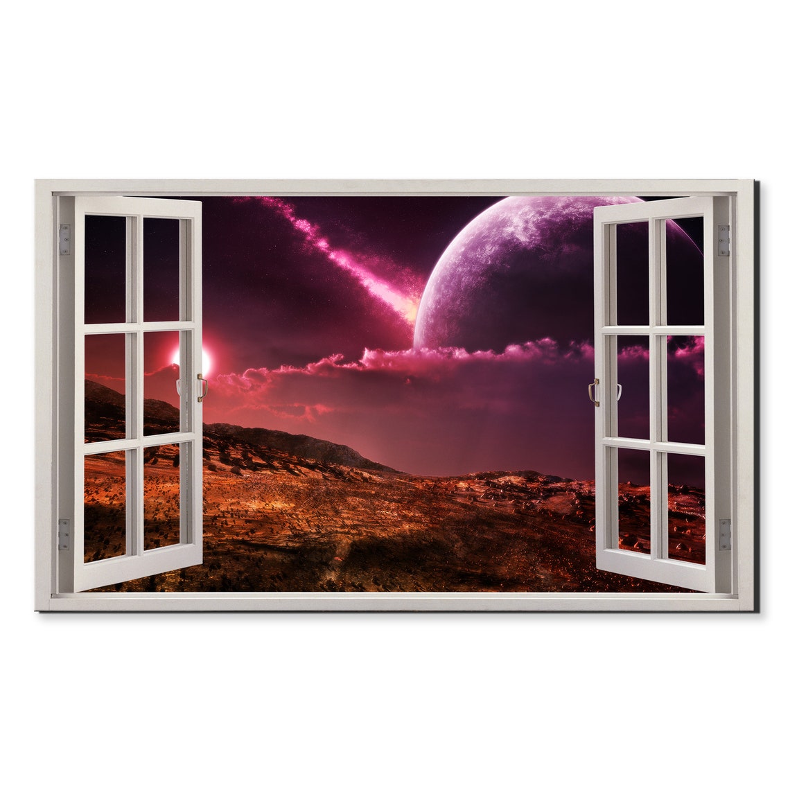 Fantasy Pink Moon Over Alien Planet Window View Sci Fi Poster