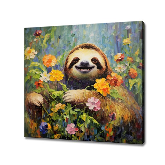 Smiling Sloth Among Colorful Wildflowers Whimsical Animal Poster