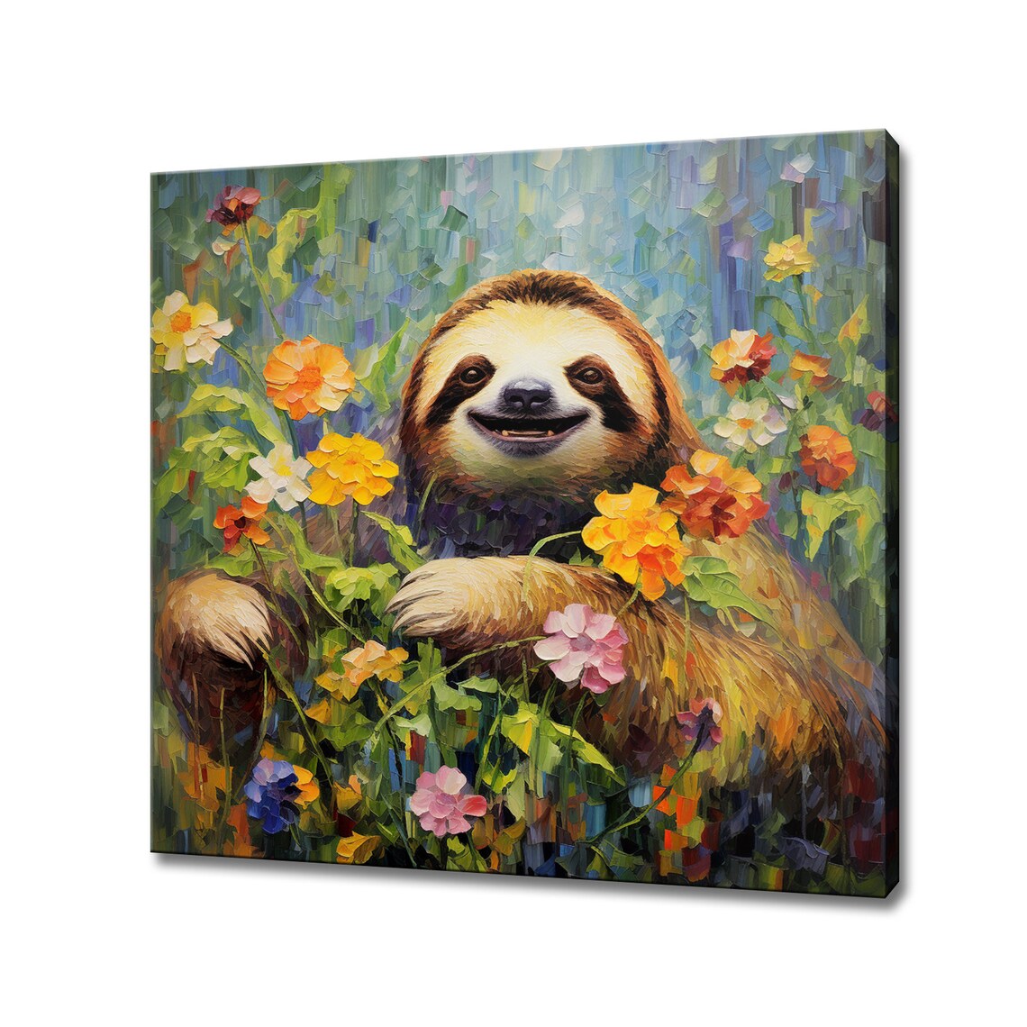 Smiling Sloth Among Colorful Wildflowers Whimsical Animal Poster