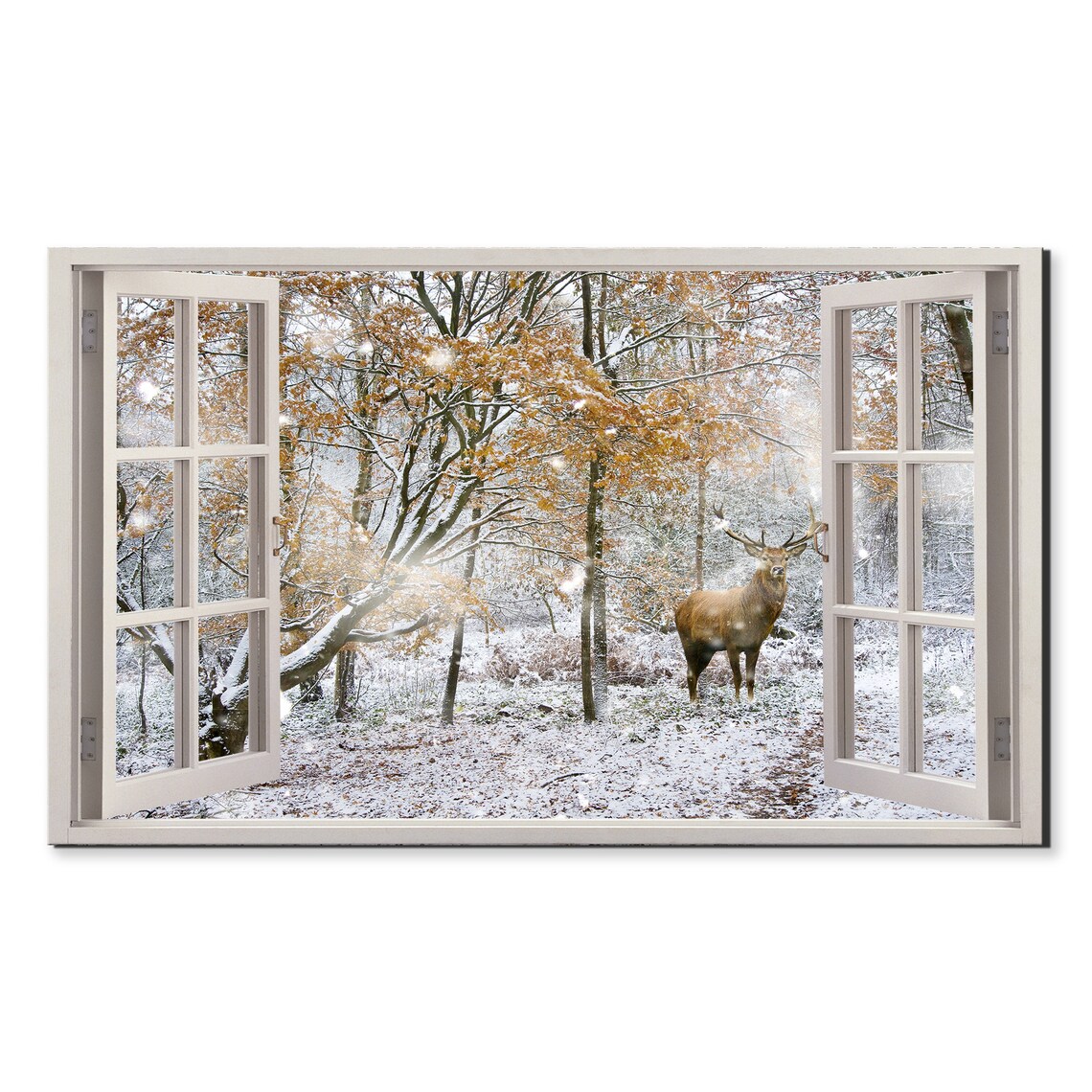 Red Deer Stag Snowy Winter Forest Open Window View Illusion Wall Poster