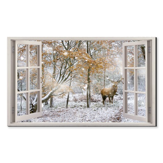 Red Deer Stag Snowy Winter Forest Open Window View Illusion Wall Poster