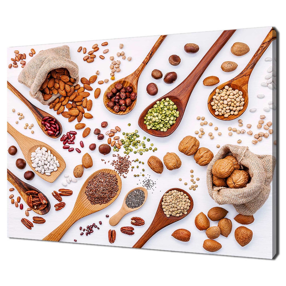 Nuts Beans and Seeds on Wooden Spoons Rustic Kitchen Decor Print