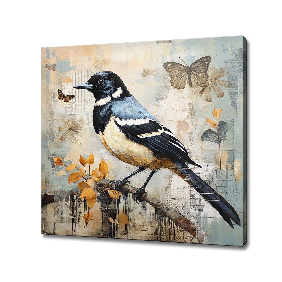 Magpie Bird On Branch With Butterflies Painterly Art Print Wall Poster