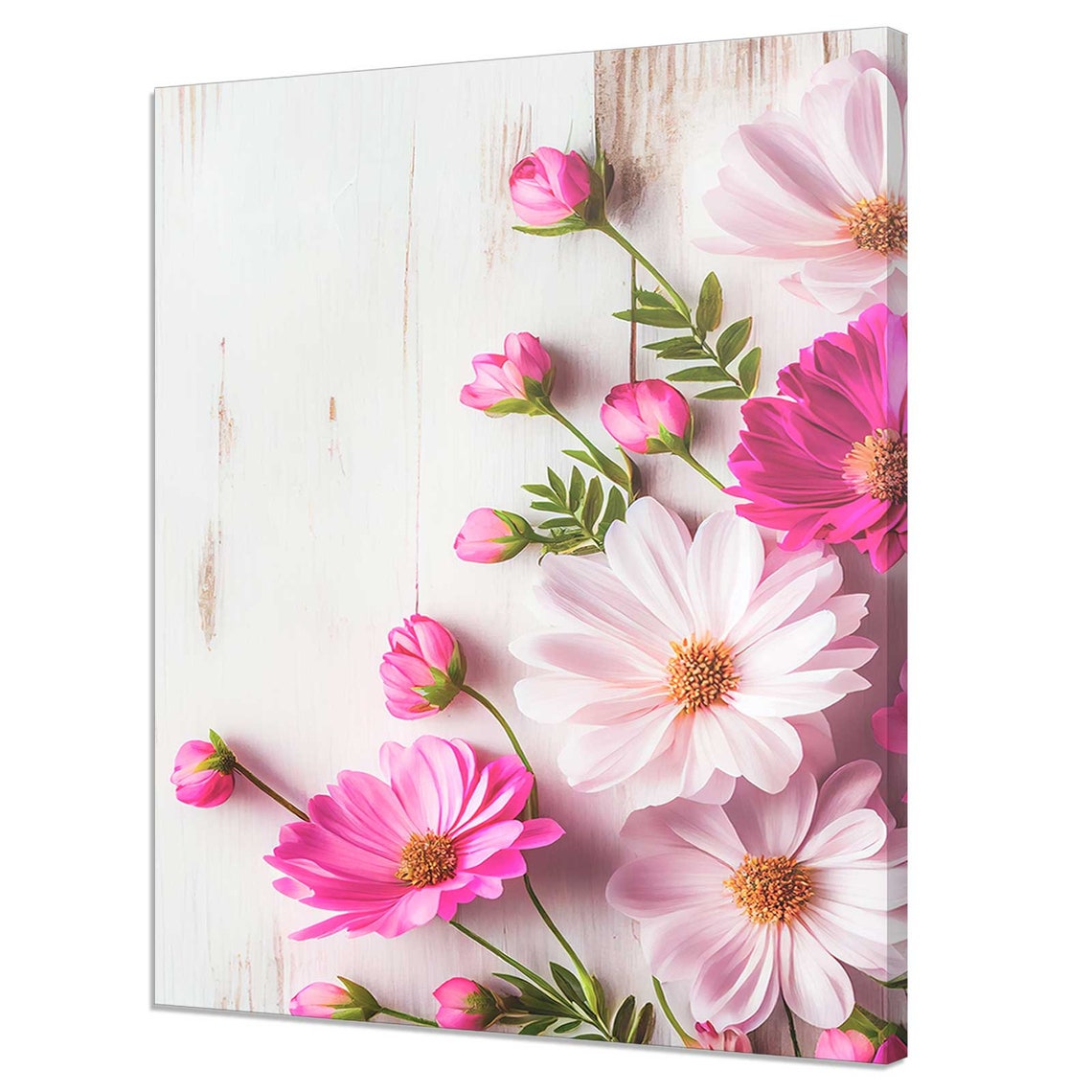 Pink Cosmos Flowers Buds Whitewashed Wood Background Floral Art Poster