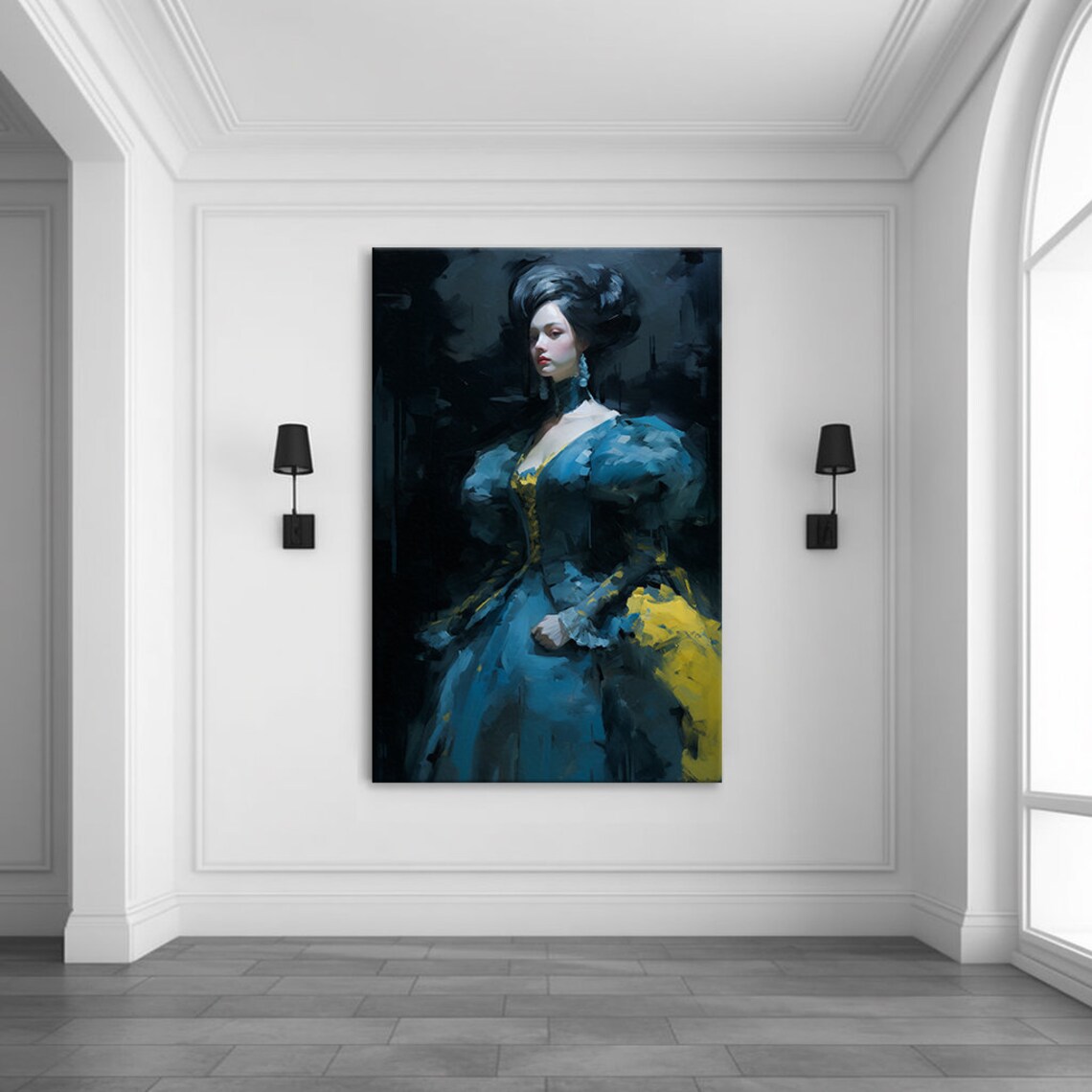 Elegant Lady in Royal Blue Yellow Victorian Gown Bold Fashion Poster - Image 3