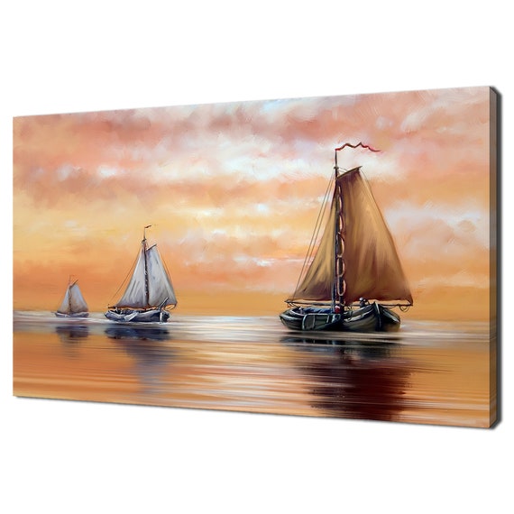 Oil Painting Of Sailboats Sailing At Sunset Modern Design Print Wall Art Picture