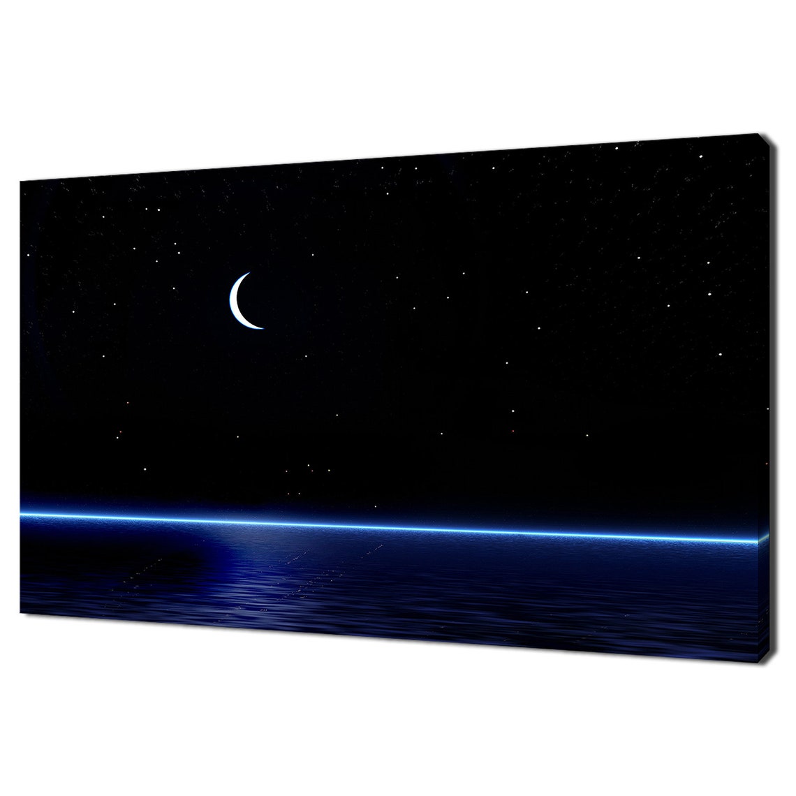 Crescent Moon Over Starry Night Ocean Dark Blue Sea Minimalist Poster