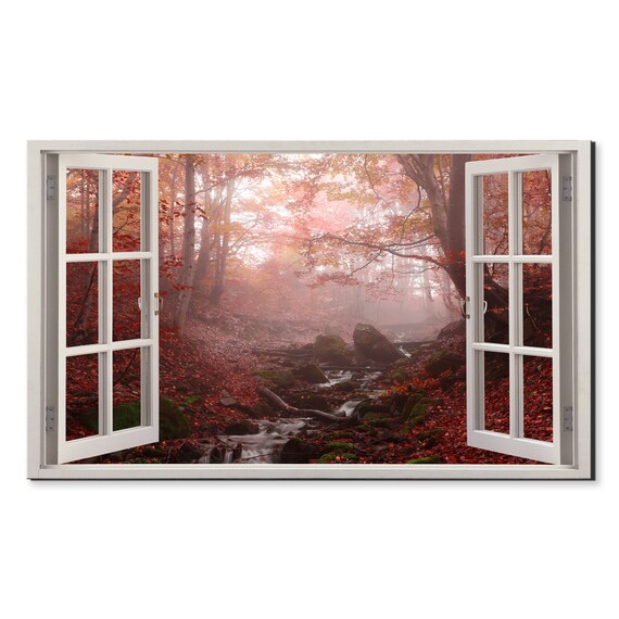 Misty Red Forest Stream Window View Window Frame Style Modern Design Home Decor Print Wall Art Picture Ready To Hang