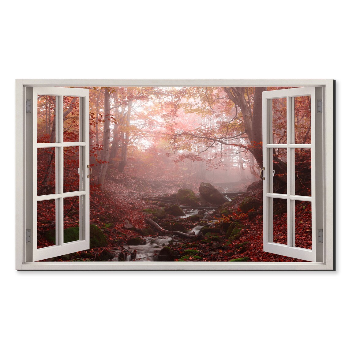 Misty Red Forest Stream Window View Window Frame Style Modern Design Home Decor Print Wall Art Picture Ready To Hang