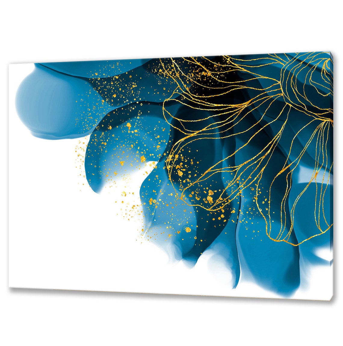 Blue Gold Abstract Petals Modern Fluid Art Luxe Wall Decor Poster