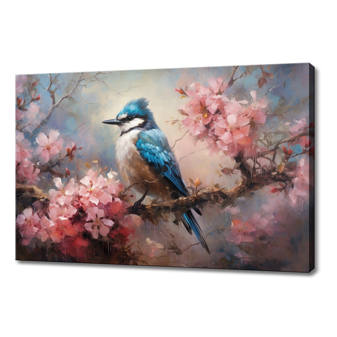 Crested Blue White Songbird Cherry Blossom Branch Spring Art Poster