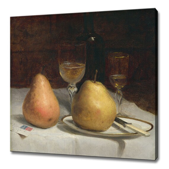 Two Pears On A Tabletop 1866 Vintage Still Life With Pears Antique Fruits Painting Print Farmhouse Kitchen Decor