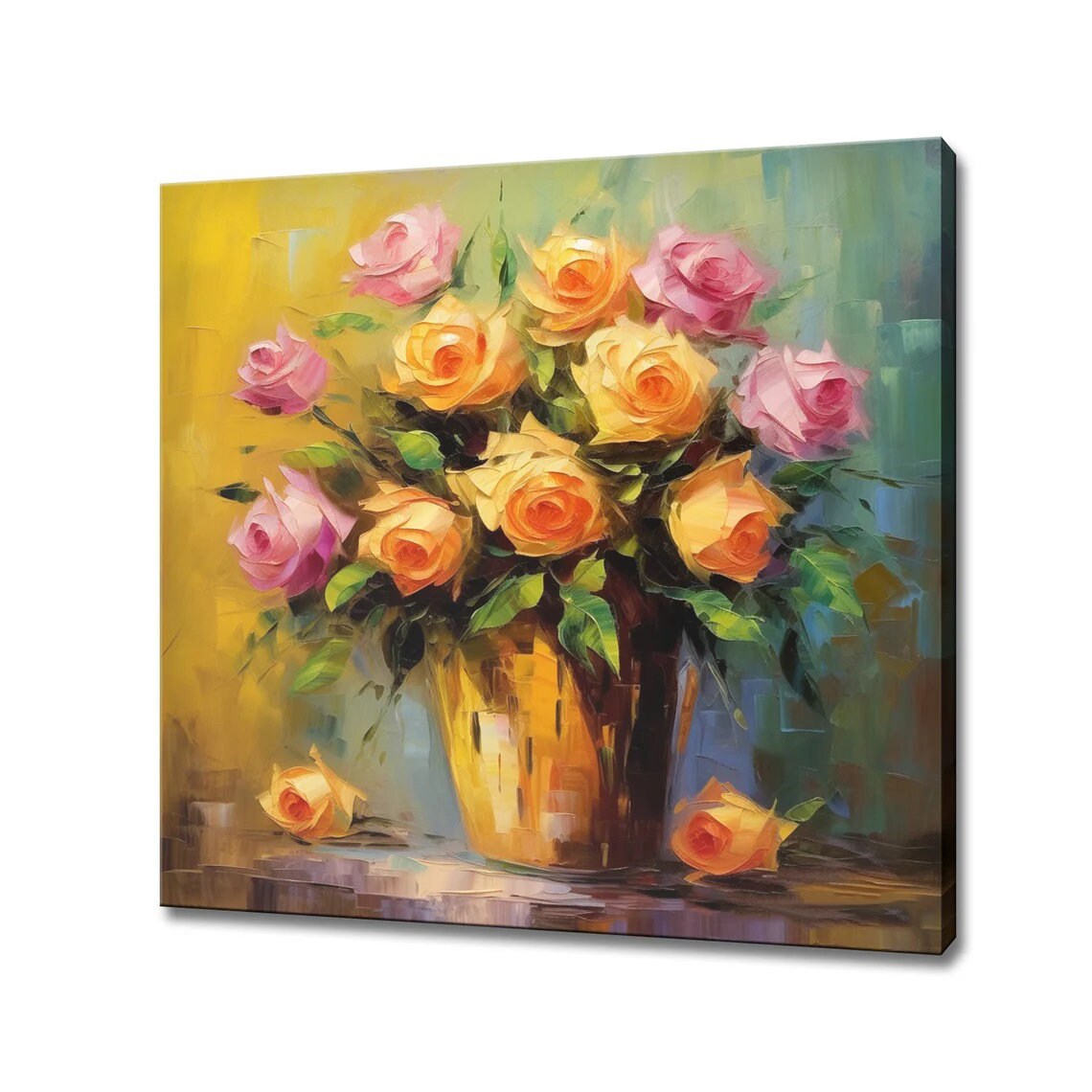 Pink Yellow Rose Bouquet Golden Vase Oil Painting Style Floral Print