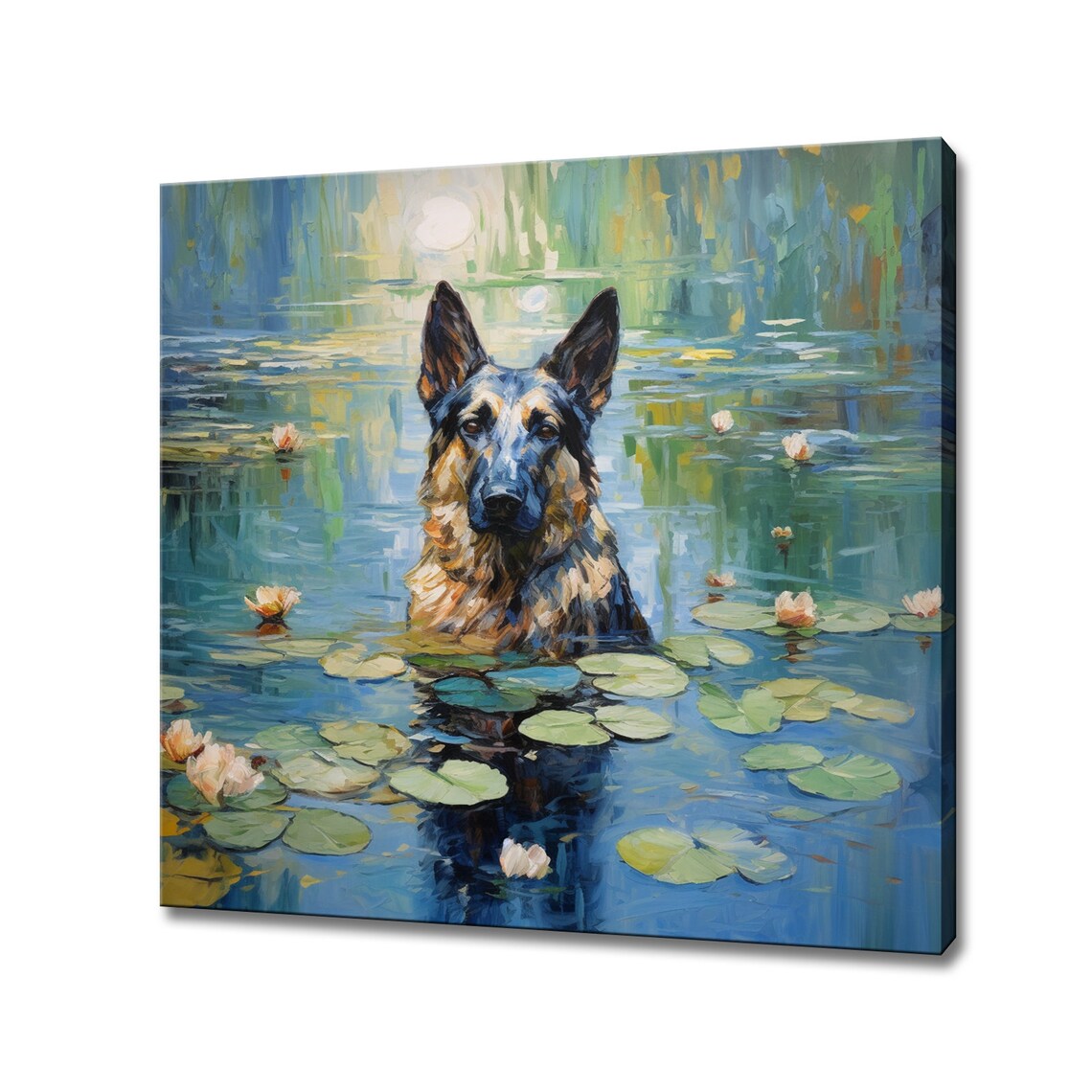 German Shepherd Dog Swimming In A Lily Pond Painting Art Poster