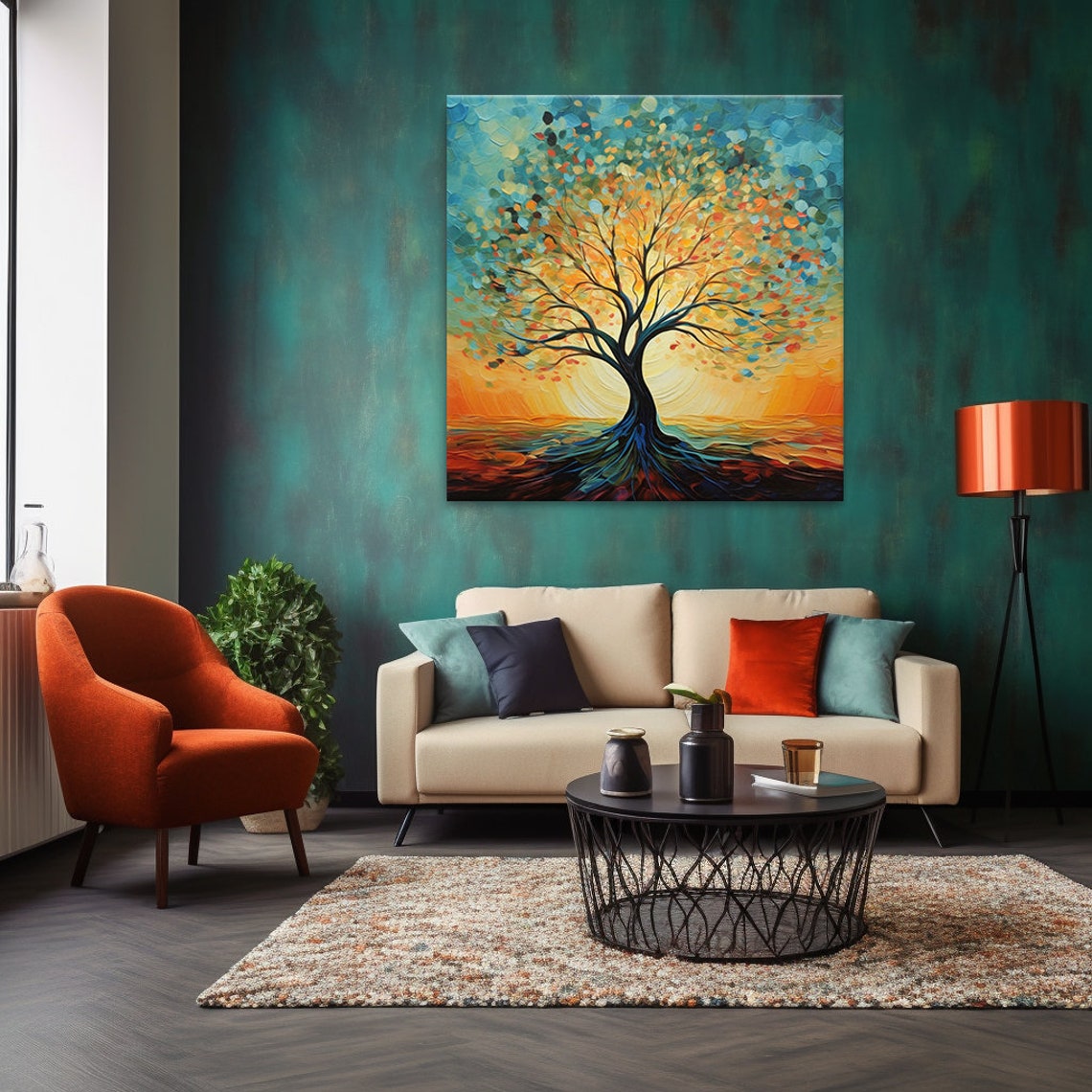 Tree Of Life Sunset Painting Rainbow Leaves Abstract Branch Poster - Image 4