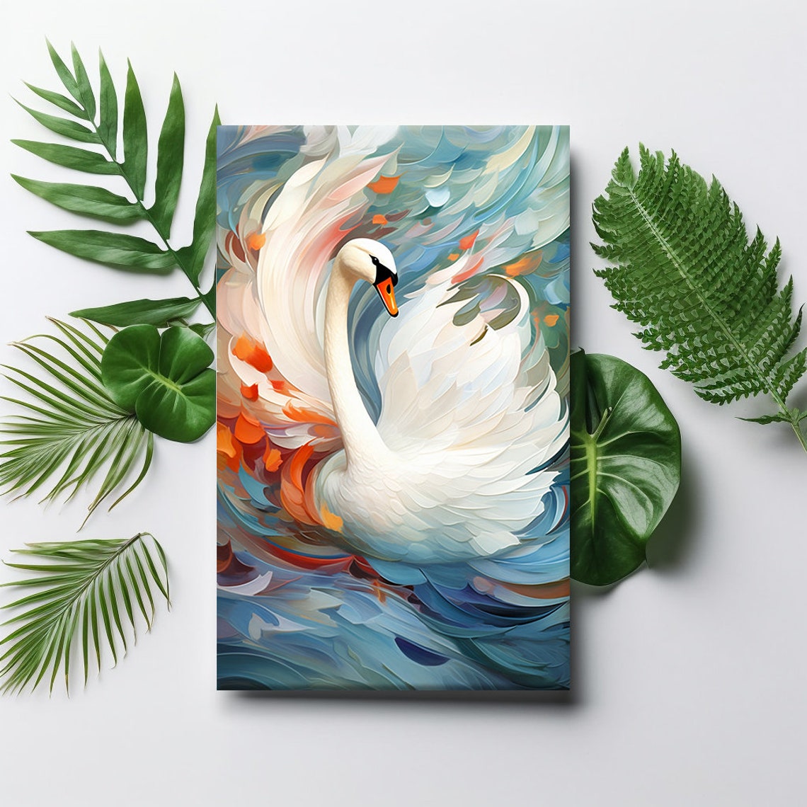 White Swan Wings Raised Painterly Swirls Blue Orange Bird Art Print - Image 4