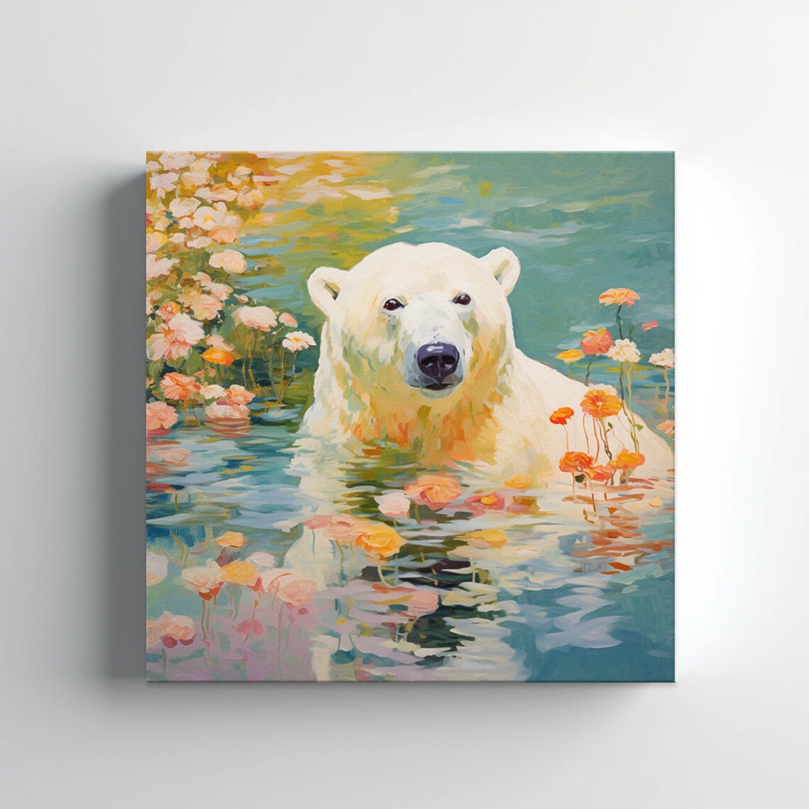 Polar Bear Portrait Among Floating Flowers Teal Water Painting Poster - Image 3