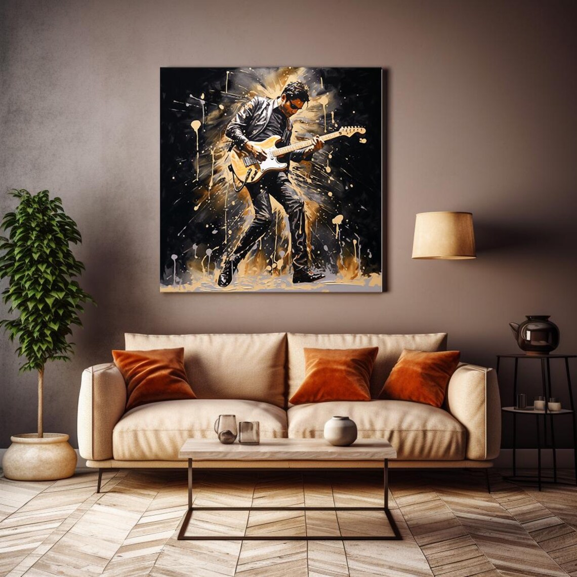 Rock Guitarist Leather Jacket Stage Performance Black Gold Music Poster - Image 4
