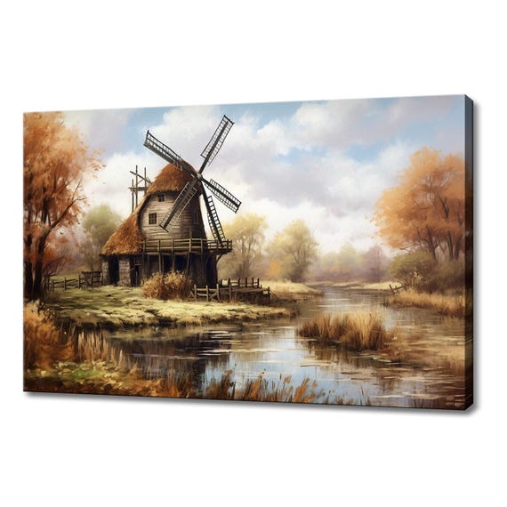 Windmill Vintage Countryside Painting Style Print Farmhouse Decor Art Nature Picture Wall Hanging Fine Art Print