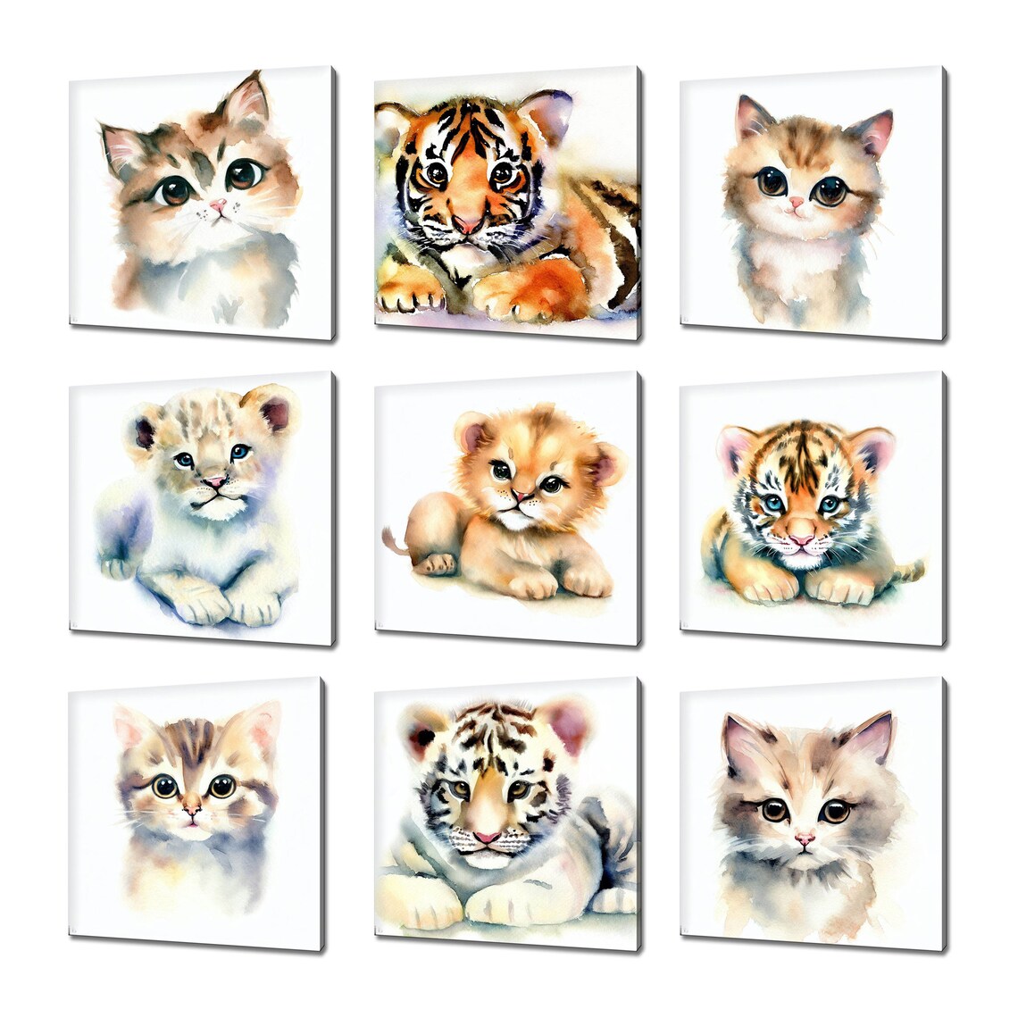 Cute Kitten Tiger Lion Cub Watercolor Art Nine Panel Nursery Poster