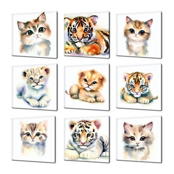 Cute Kitten Tiger Lion Cub Watercolor Art Nine Panel Nursery Poster