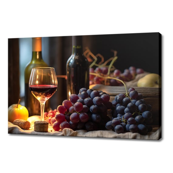 Red Wine Bottles Glass Of Wine And Purple Grapes Moody Still Life Poster